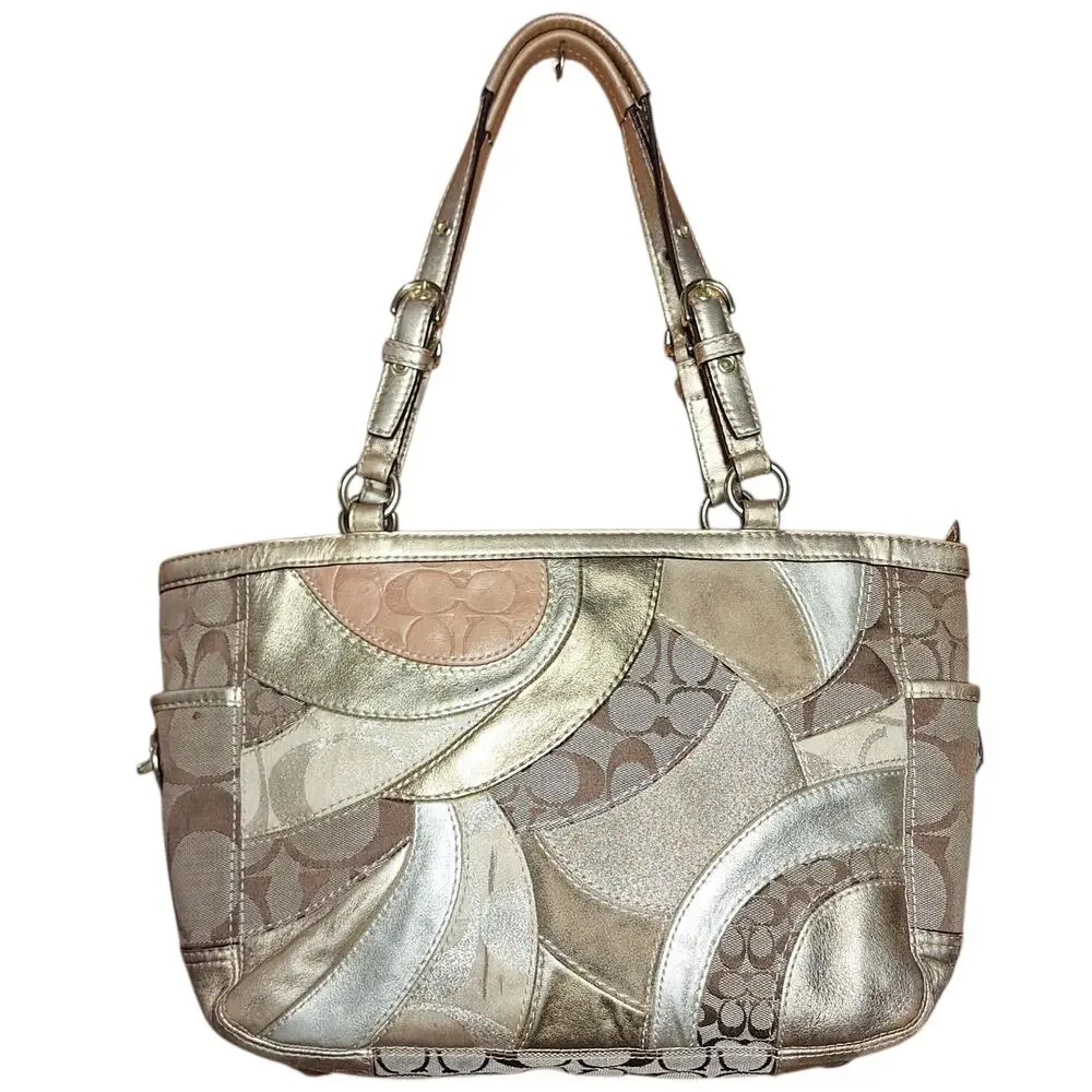 Coach Y2K Vintage Gold Metallic Mosaic Patchwork Signature Tote gold leather